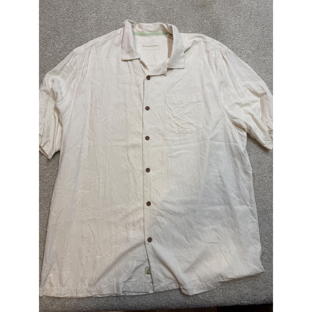 Tommy Bahama Mens XLT Silk Short Sleeve Button Down Shirt Cream Tropical Leaf - Picture 1 of 6